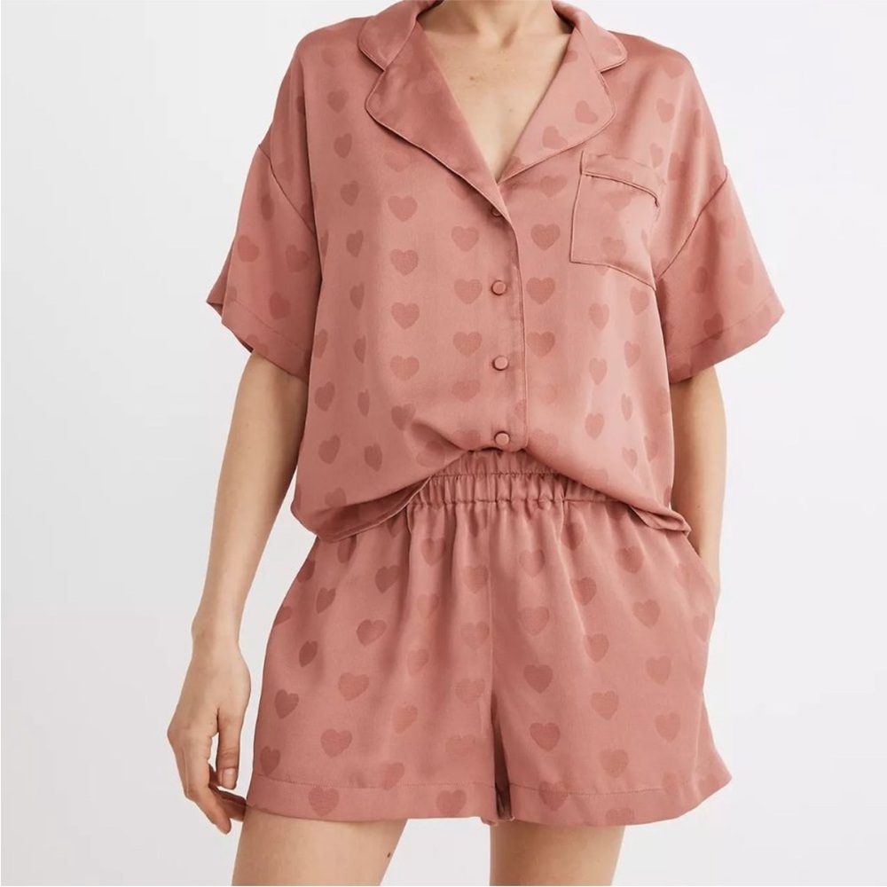 Madewell Rose Heart Print Satin Short Sleeve Button Down Pajama Set Size S